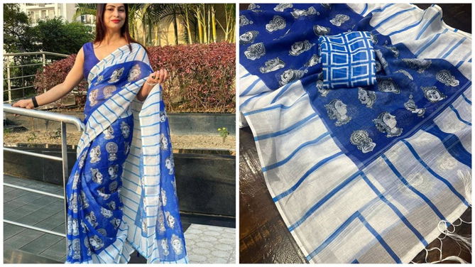 MG 424 Linen Silver jari Border Digital Printed Sarees Wholesale Market In Surat